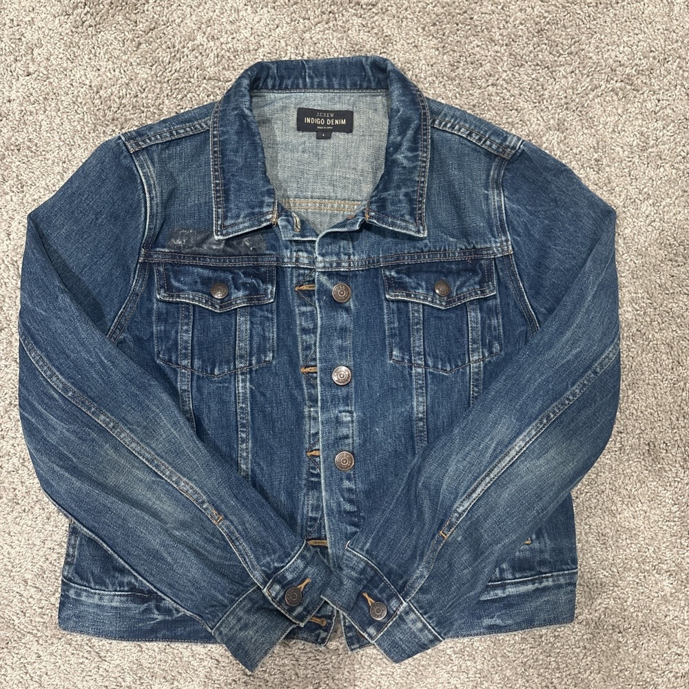 J.Crew Indigo Denim Jacket Womens Large Blue Jean Trucker Button Front Classic